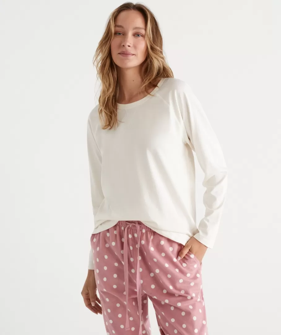 Australian Cotton Contrast Trim Pyjama Long Sleeve Top-Sussan Fashion