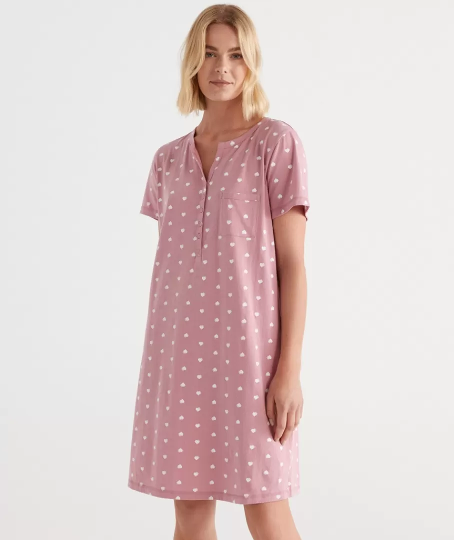 Australian Cotton Heart Print Henley Nightie-Sussan Online