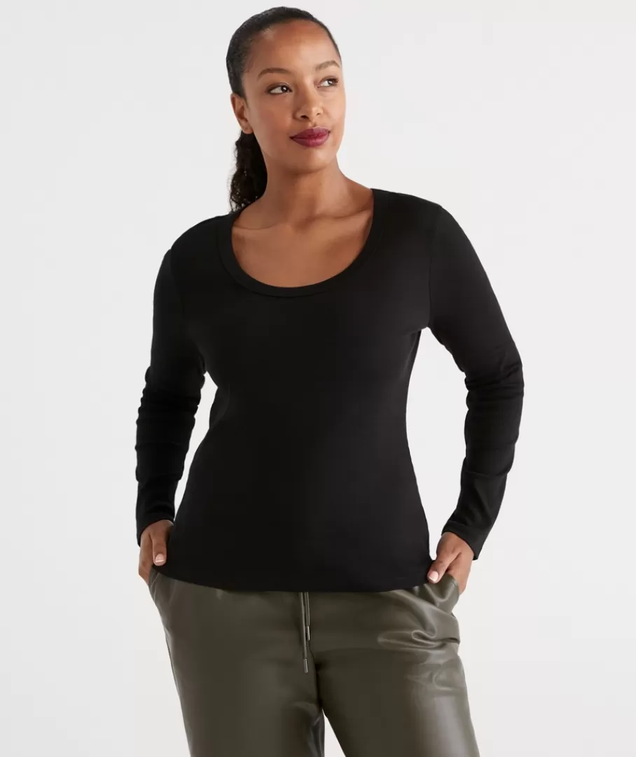 Australian Cotton Long Sleeve Rib Scoop Top-Sussan Hot