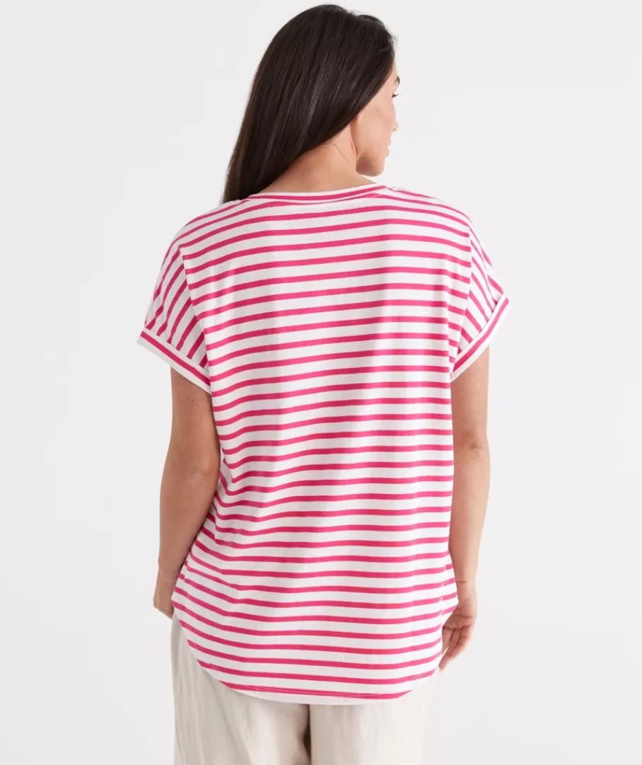 Australian Cotton Stripe Extended Roll Cuff Tee-Sussan Shop