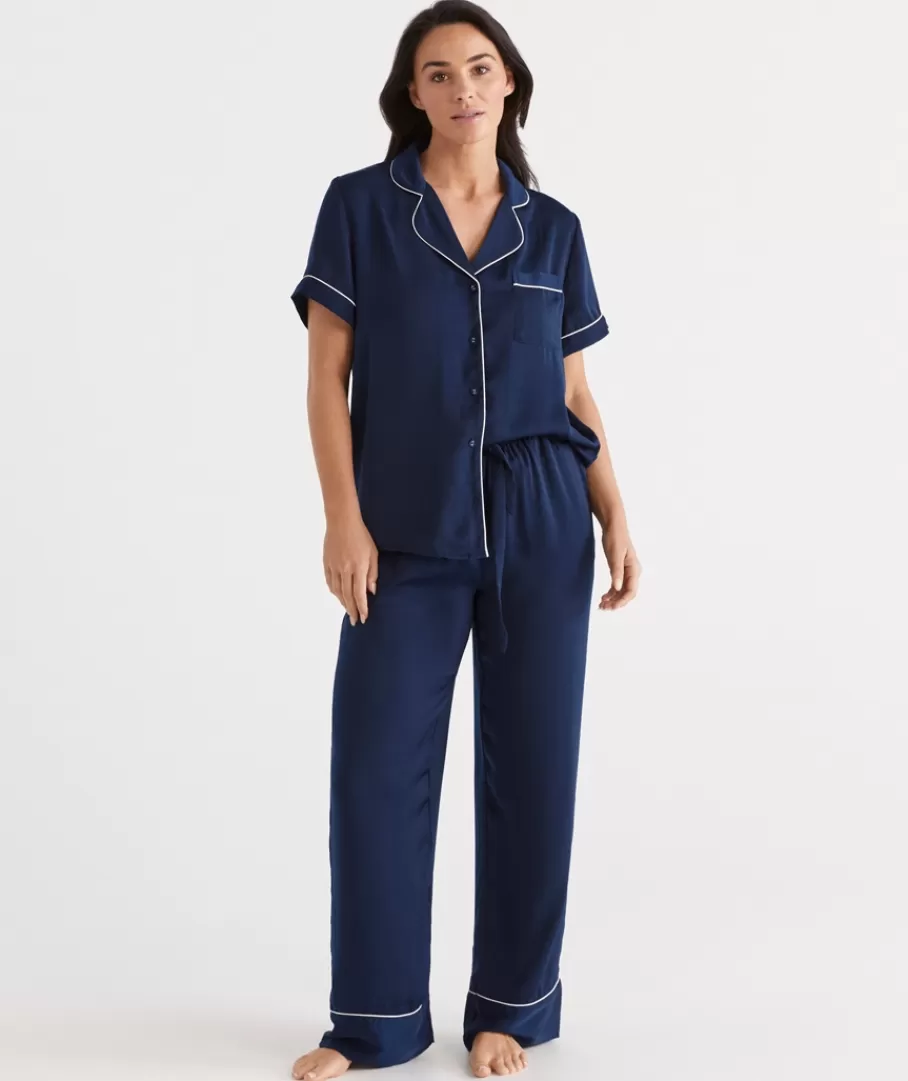 Contrast Longline Satin Pyjama Set-Sussan Store