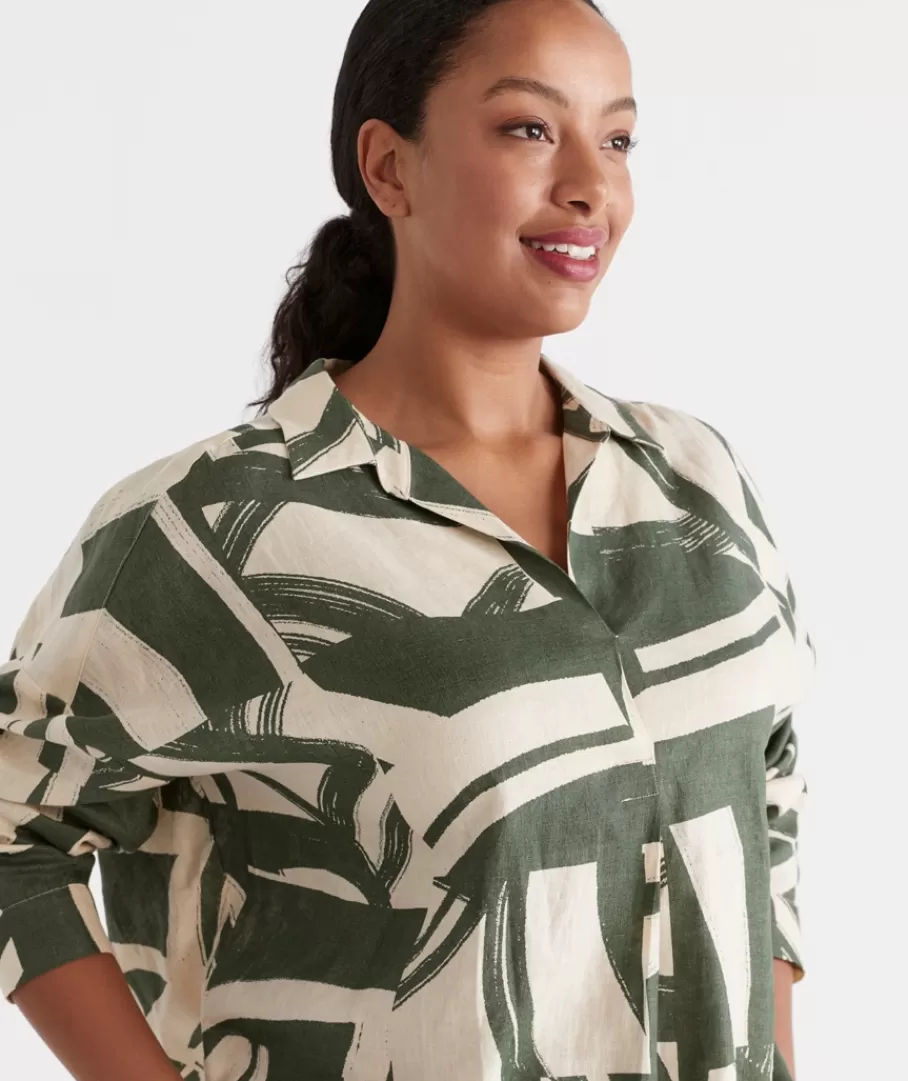 Linen Abstract Print Popover Shirt-Sussan Store