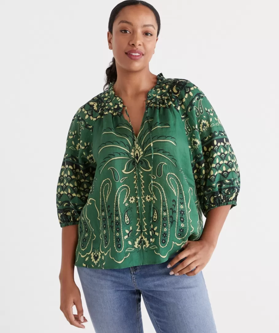 Linen Palm Noth Neck Blouse-Sussan Flash Sale