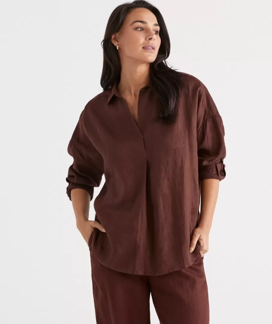 Linen Tab Sleeve Popover Shirt-Sussan Cheap