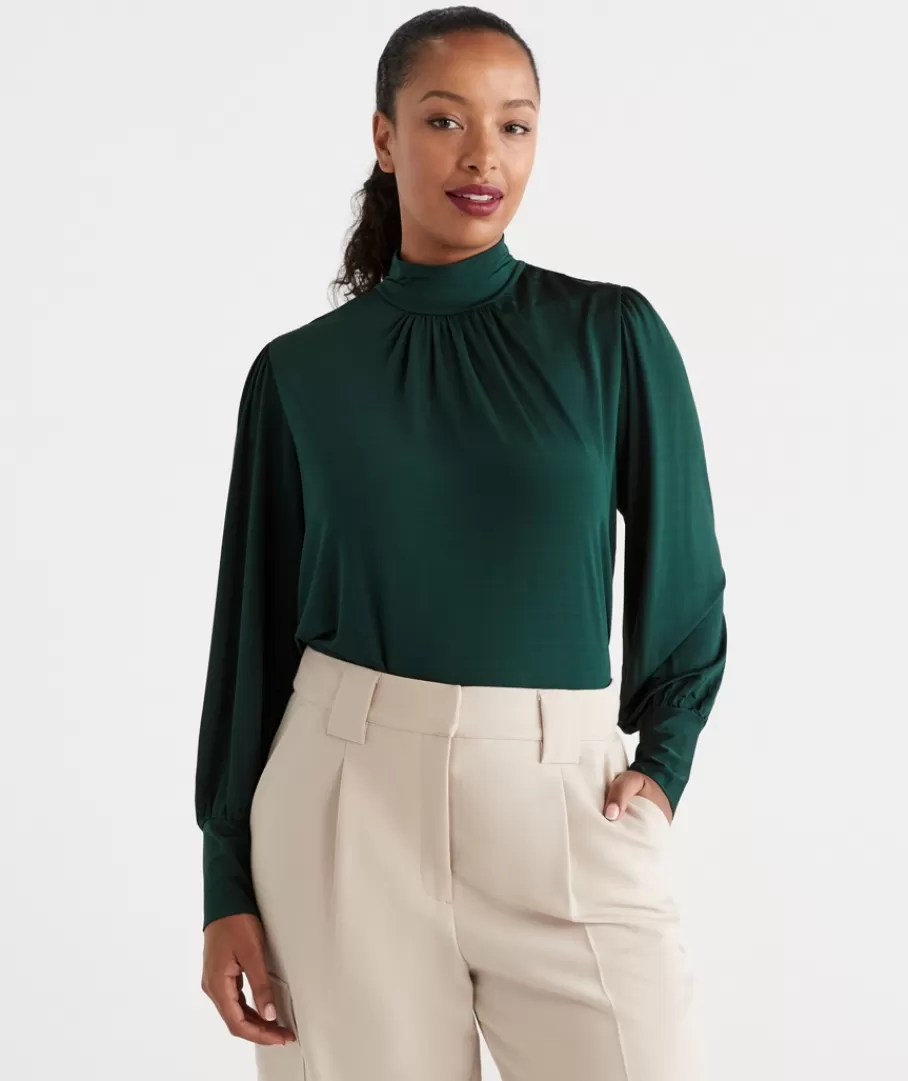 Mock Neck Blouson Sleeve Top-Sussan Cheap