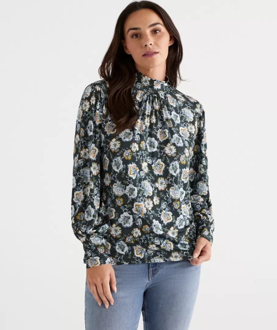 Mock Neck Etched Petal Sleeve Top-Sussan Cheap