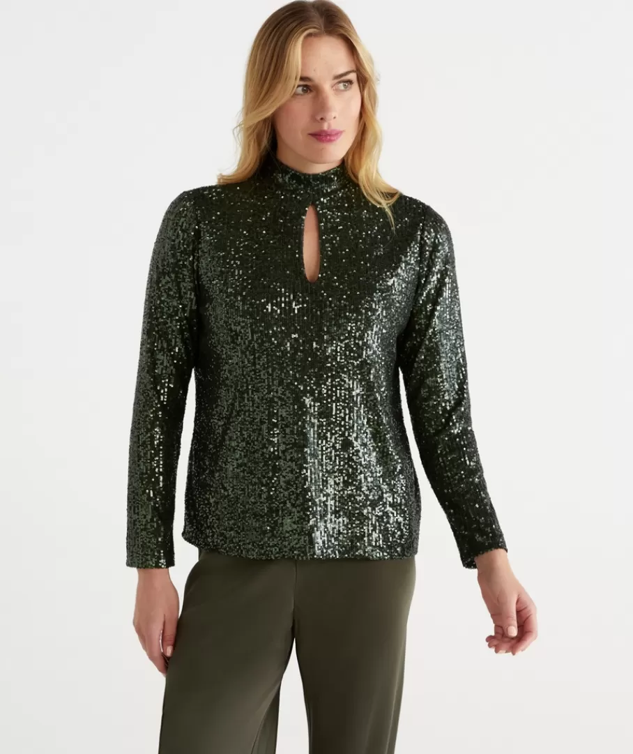 Sequin Keyhole Long Sleeve Top-Sussan Clearance