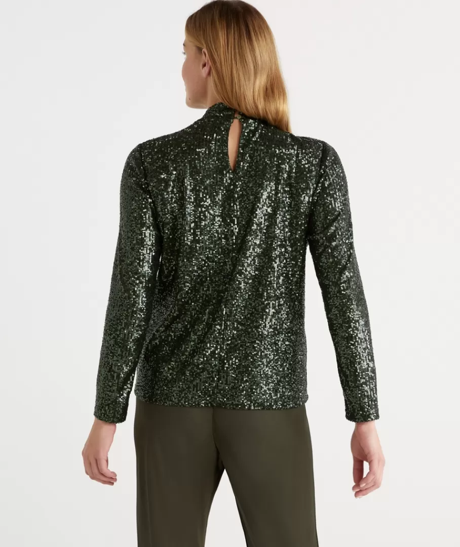 Sequin Keyhole Long Sleeve Top-Sussan Clearance