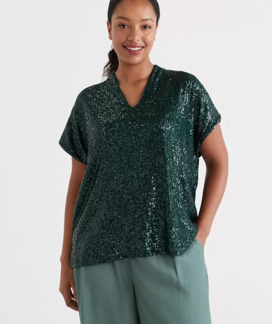 Sequin V Neck Top-Sussan Cheap