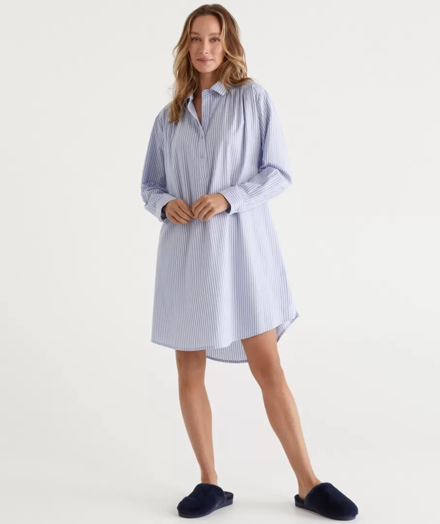 Ticking Stripe Cotton Twill Night Shirt-Sussan Fashion