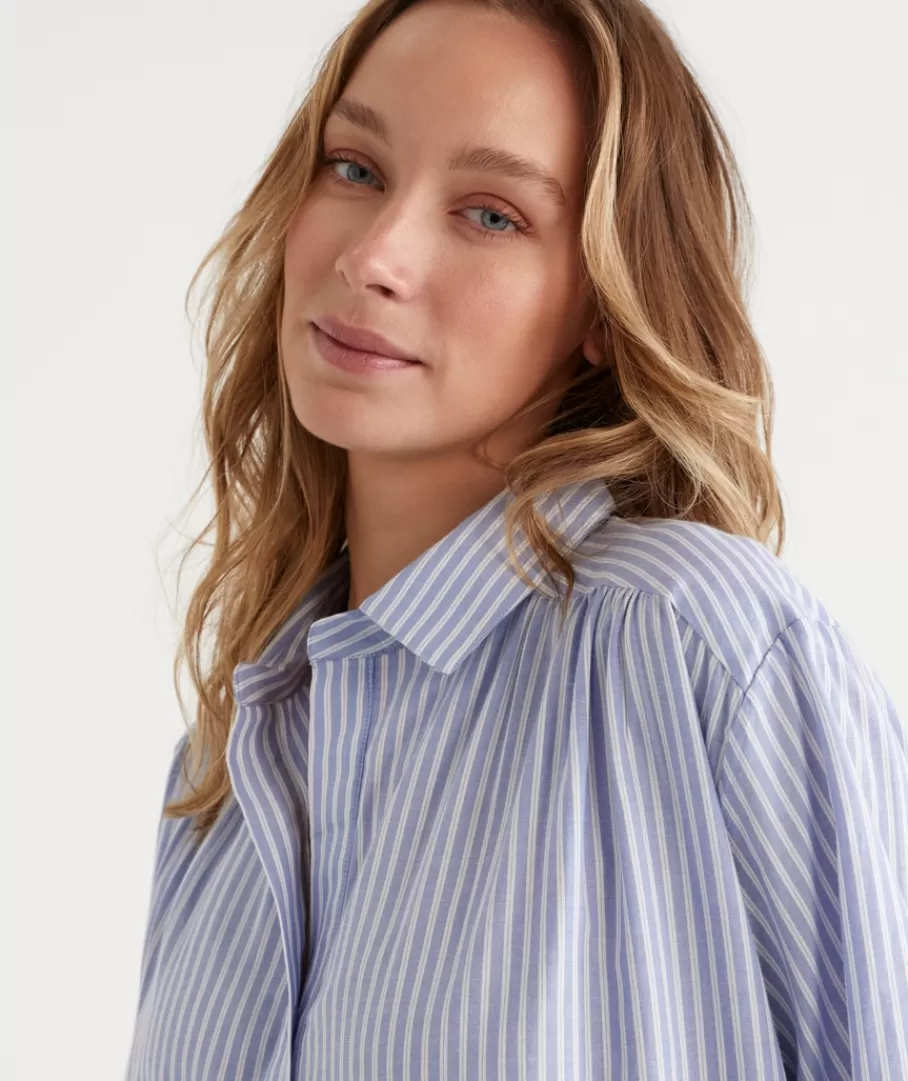 Ticking Stripe Cotton Twill Night Shirt-Sussan Fashion